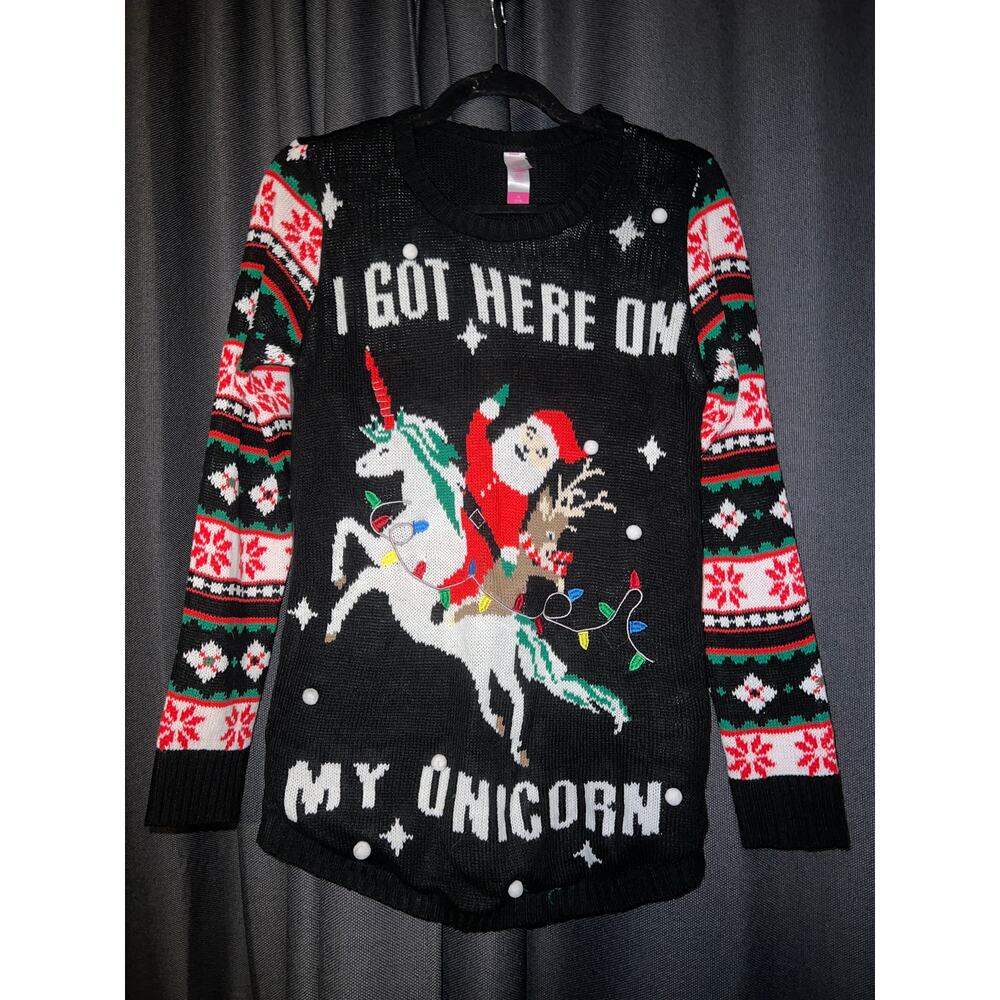 Ugly Christmas Sweater Black Red Santa Unicorn Design